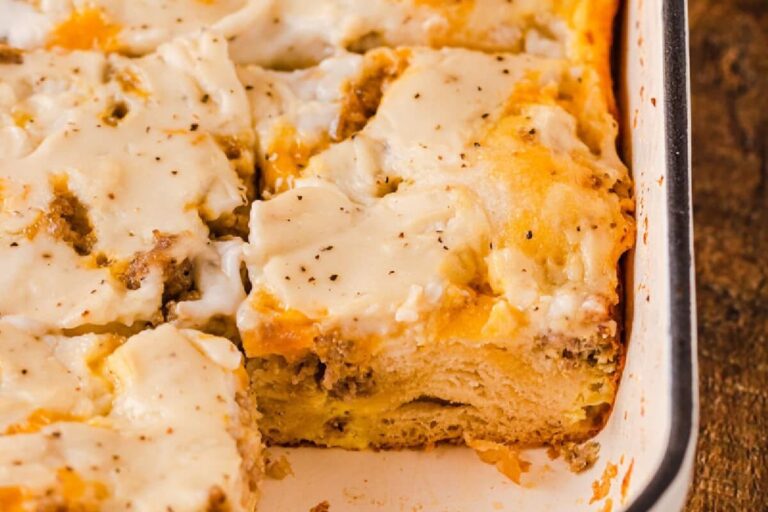 A dish of Biscuits and Gravy Breakfast Casserole.