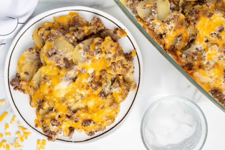 A dish of Cheesy Hamburger and Potato Casserole.