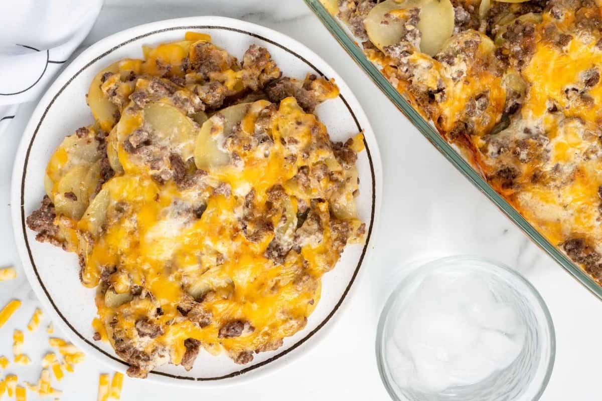 A dish of Cheesy Hamburger and Potato Casserole.