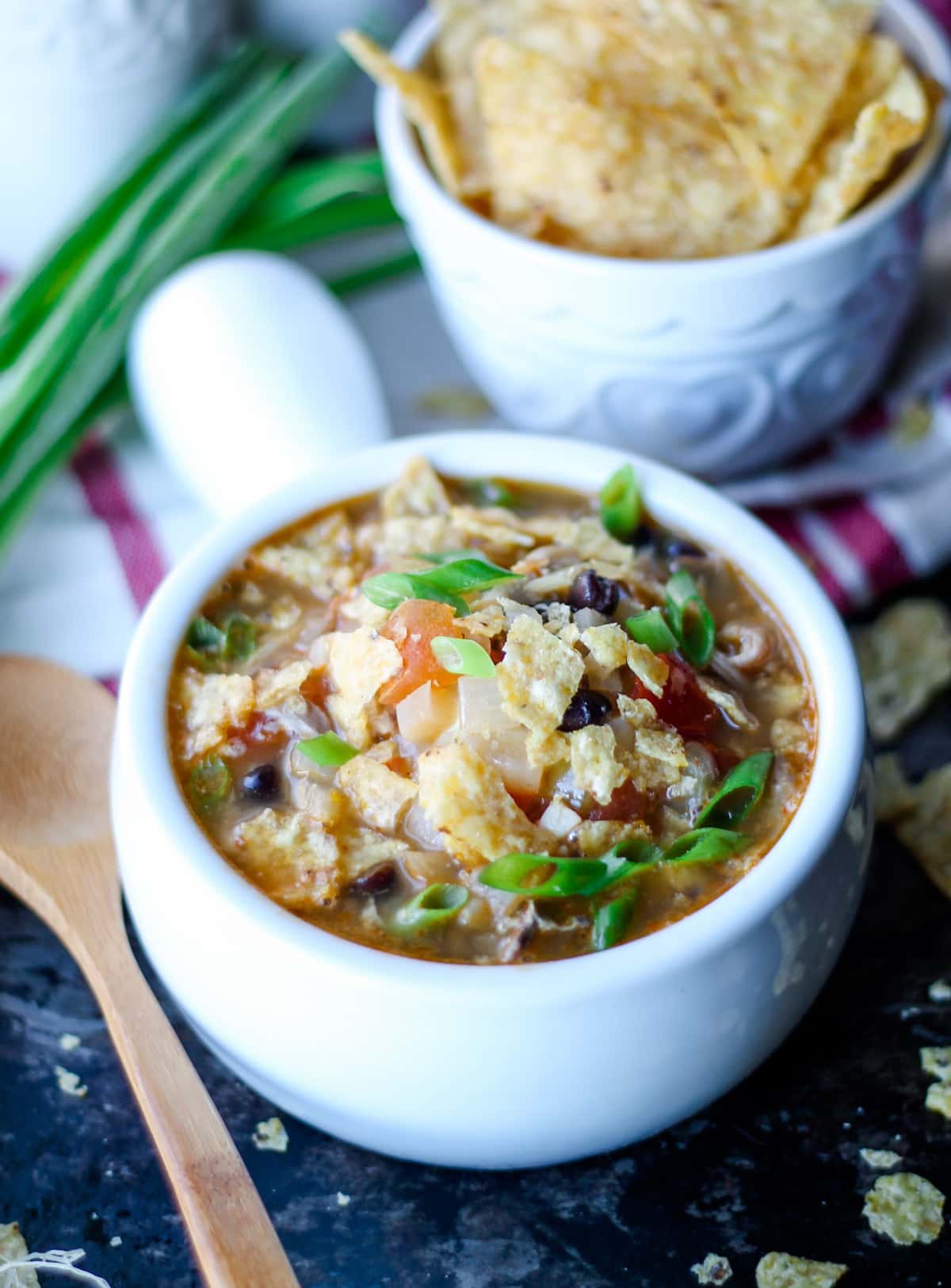 A bowl of chicken tortilla soup.