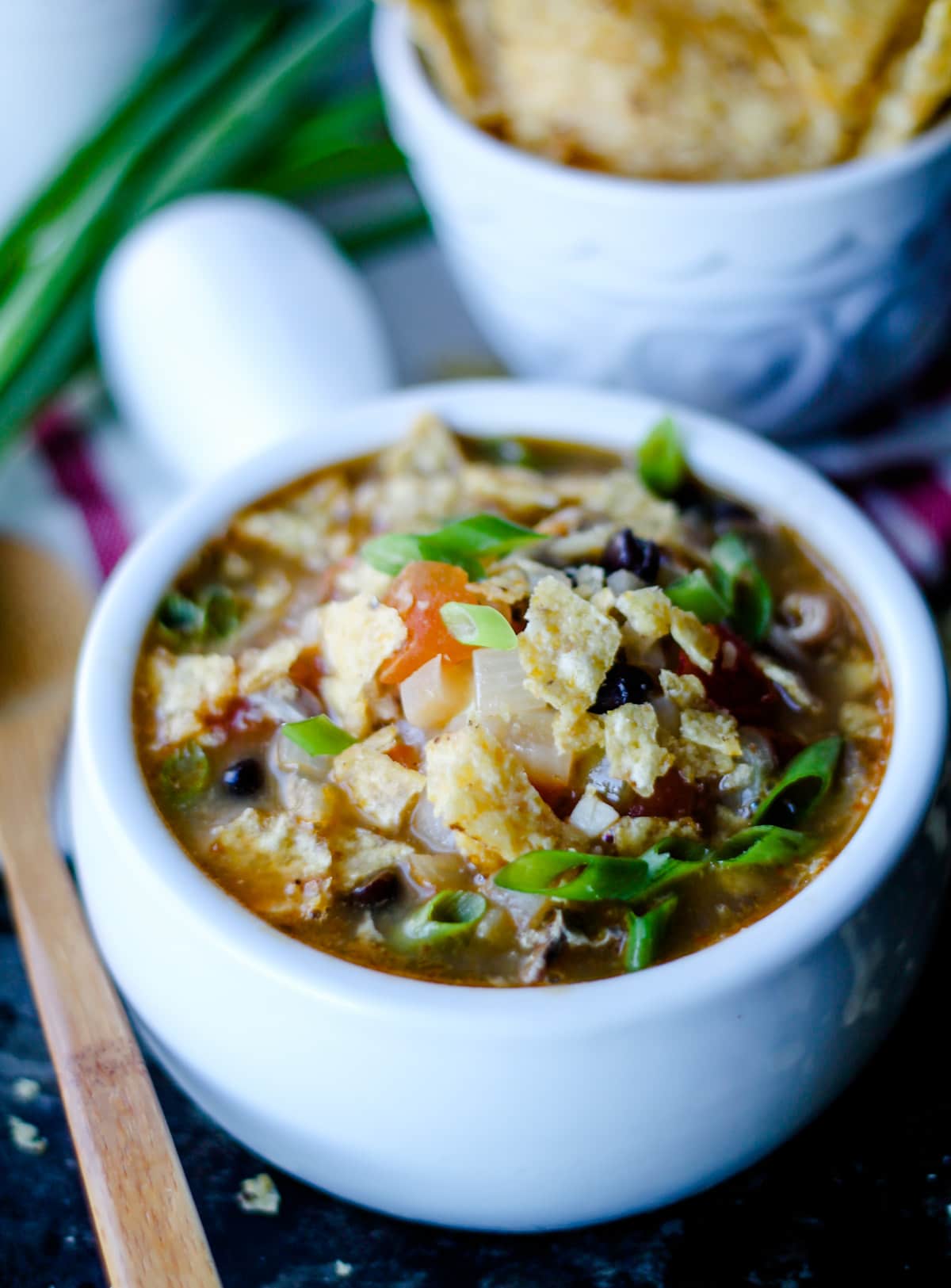 A bowl of chicken tortilla soup.