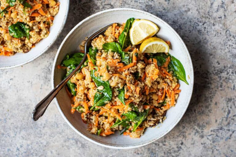 A dish of Moroccan Inspired Quinoa Carrot Salad.
