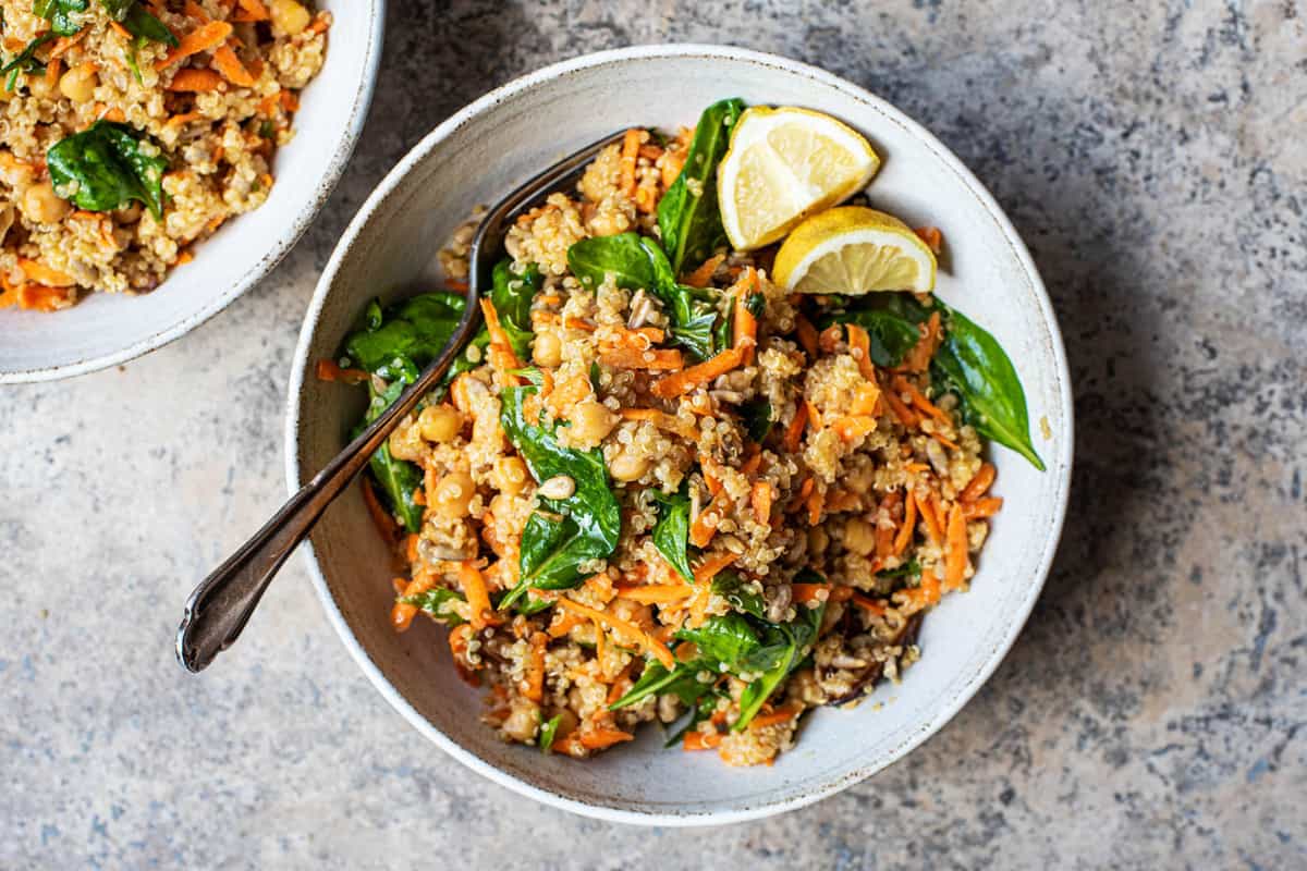 A dish of Moroccan Inspired Quinoa Carrot Salad.