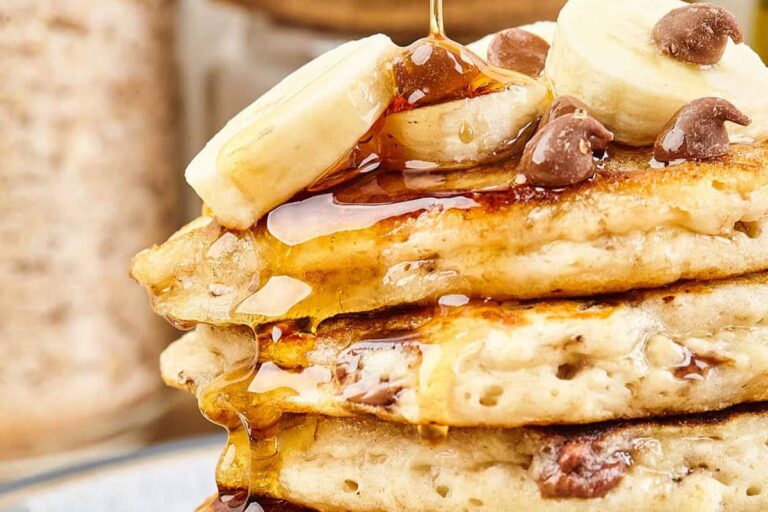 A dish of Chocolate Chip Banana Pancakes.