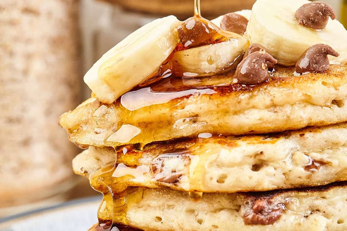 A dish of Chocolate Chip Banana Pancakes.