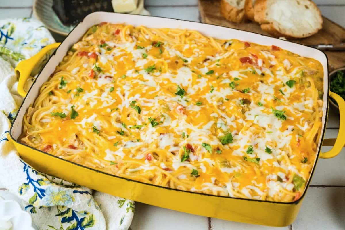 A dish of Chicken Spaghetti Casserole.