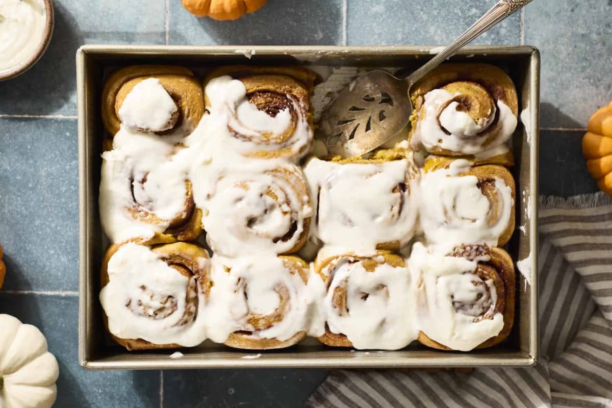A dish of Sourdough Discard Pumpkin Cinnamon Rolls.