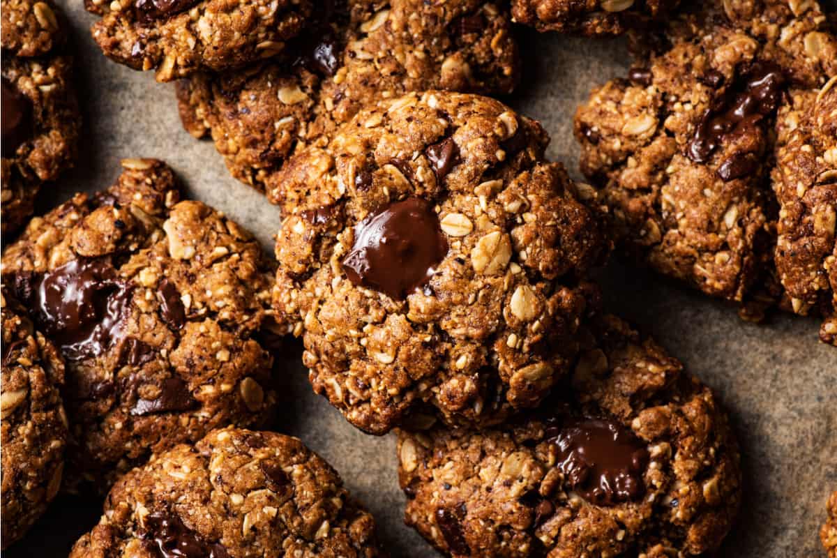 A dish of Hazelnut Oatmeal Chocolate Chip Cookies.