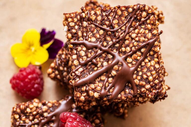 A dish of Chocolate Puffed Quinoa Bars.