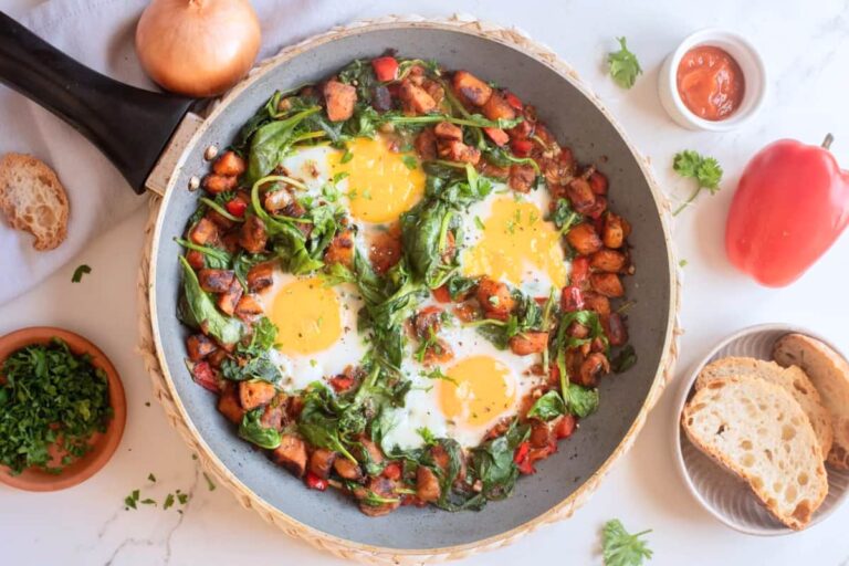 A dish of Sweet Potato Breakfast Hash with Eggs.