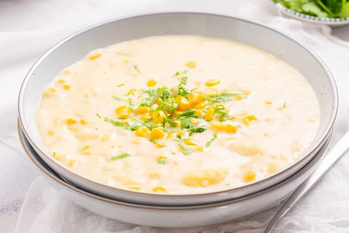 A dish of Instant Pot Corn Chowder.