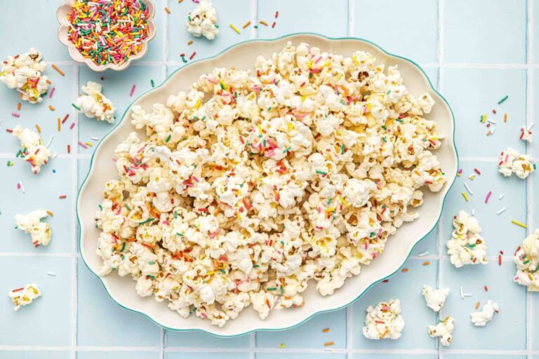 A dish of 3-Ingredient Funfetti Popcorn.
