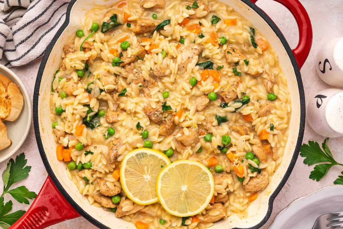 A dish of Creamy Lemon Chicken Orzo Pasta.