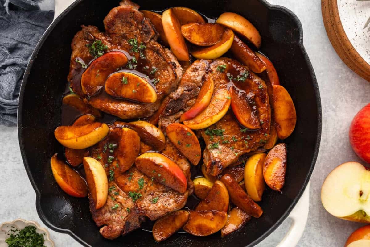 A dish of Pork Chops and Apples.