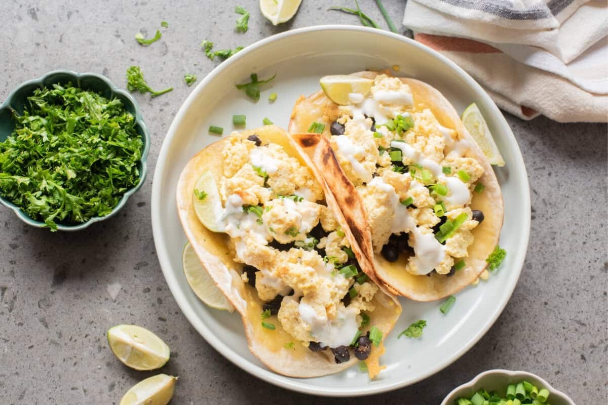 A dish of Vegetarian Breakfast Tacos.