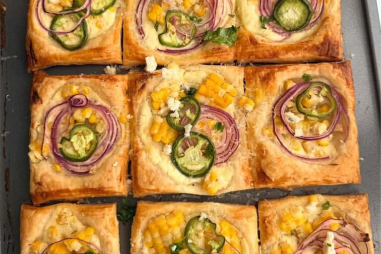 A dish of Savory Corn Puff Pastry Tart.
