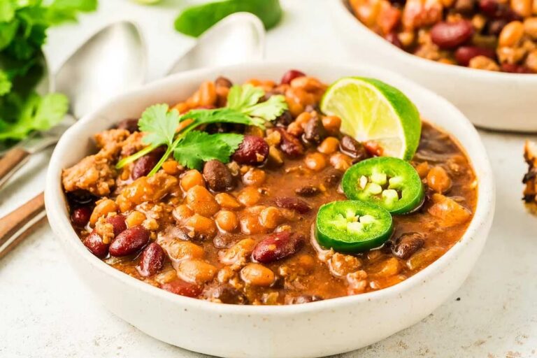 A dish of Slow Cooker Cowboy Beans.