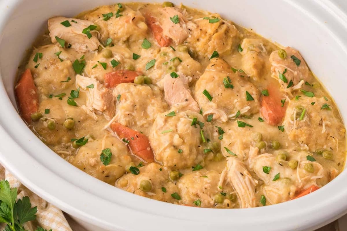 A dish of Slow Cooker Chicken and Dumplings.