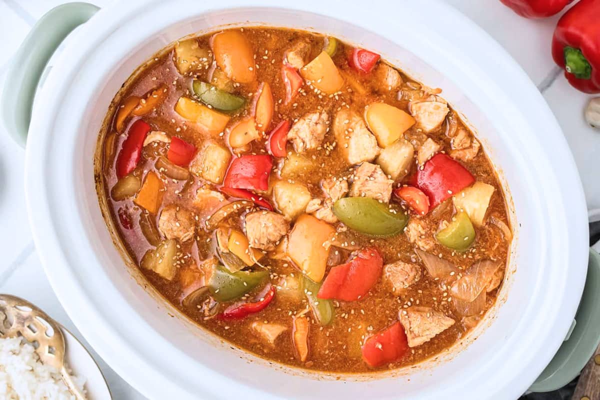 A dish of Crockpot Sweet and Sour Chicken.