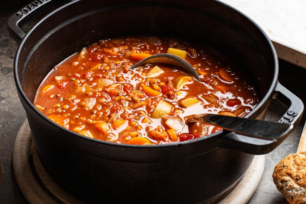 A dish of Tomato Lentil Soup.