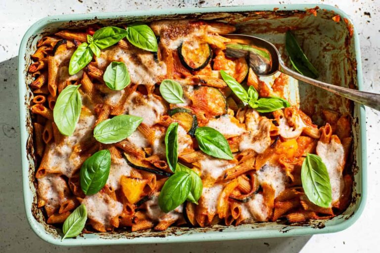A dish of Vegetarian Pasta Bake.