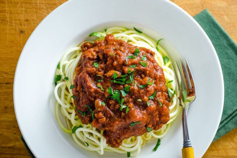 A plate of Crock Pot Turkey Bolognese with Zucchini Noodles.