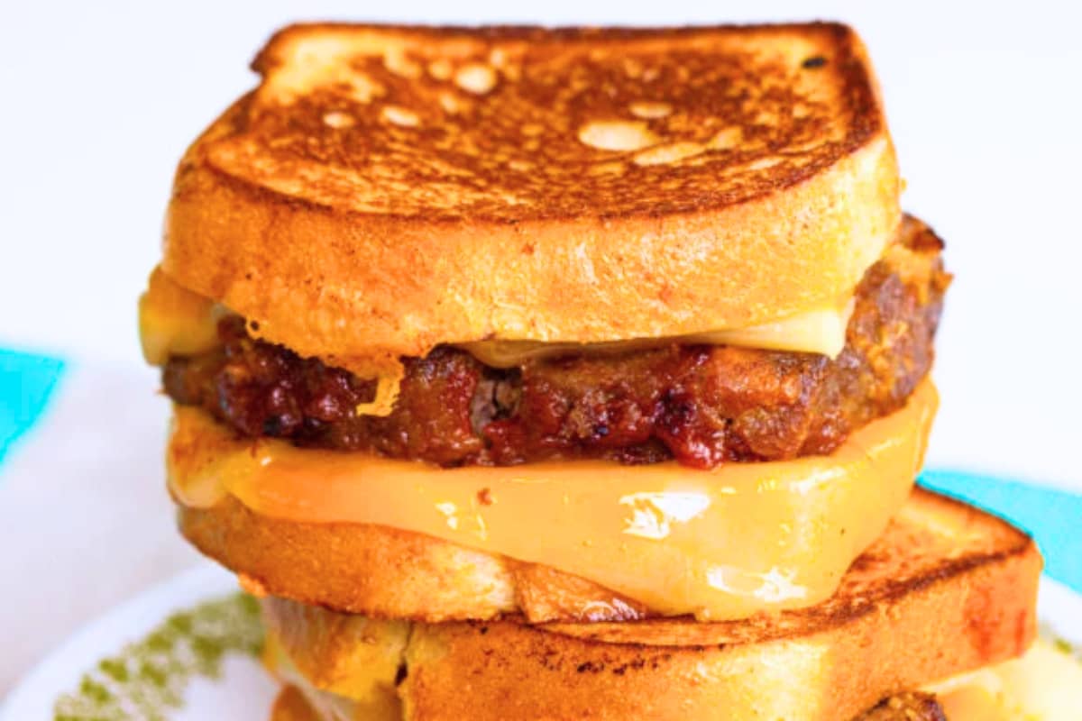 A dish of Grilled Meatloaf Sandwich.