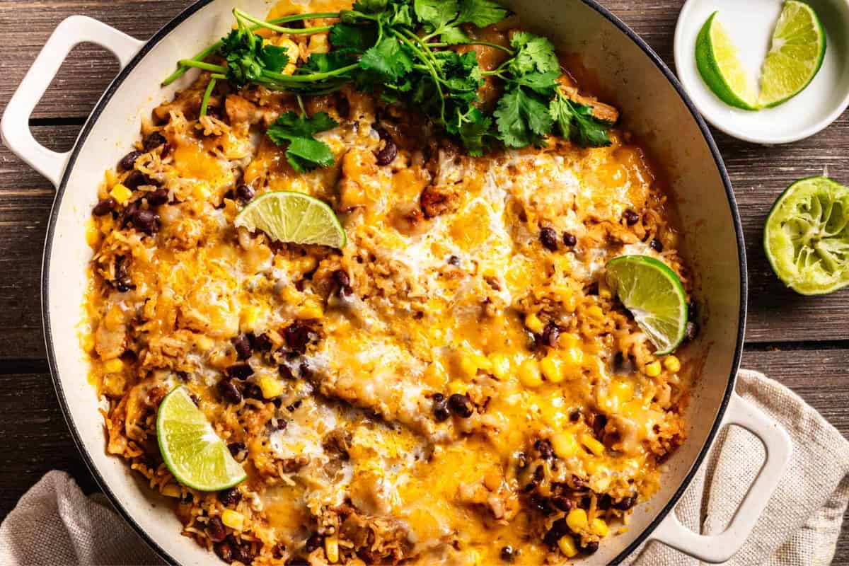A dish of Cheesy Chicken and Rice.