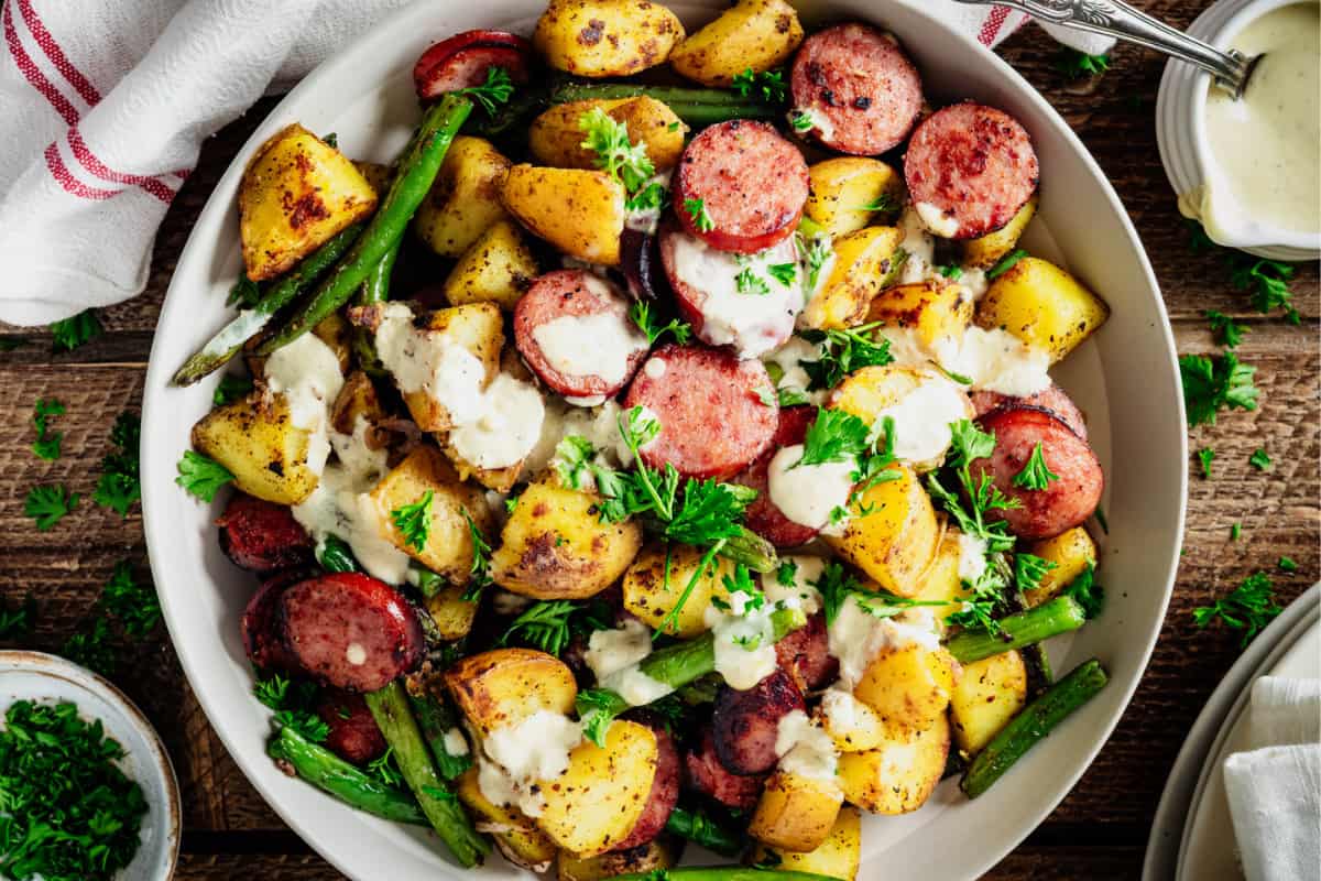 A dish of Sausage, Potato and Green Bean Skillet.