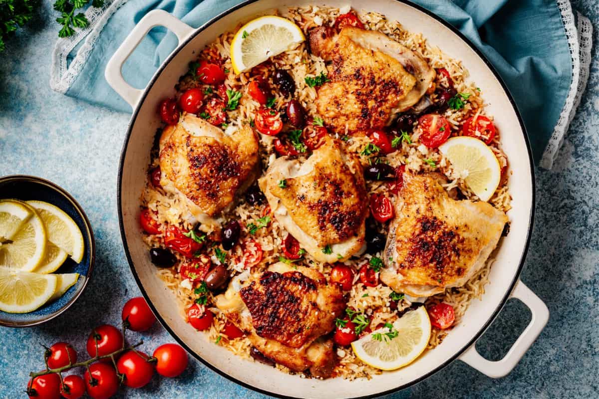 A dish of Greek Chicken and Rice.