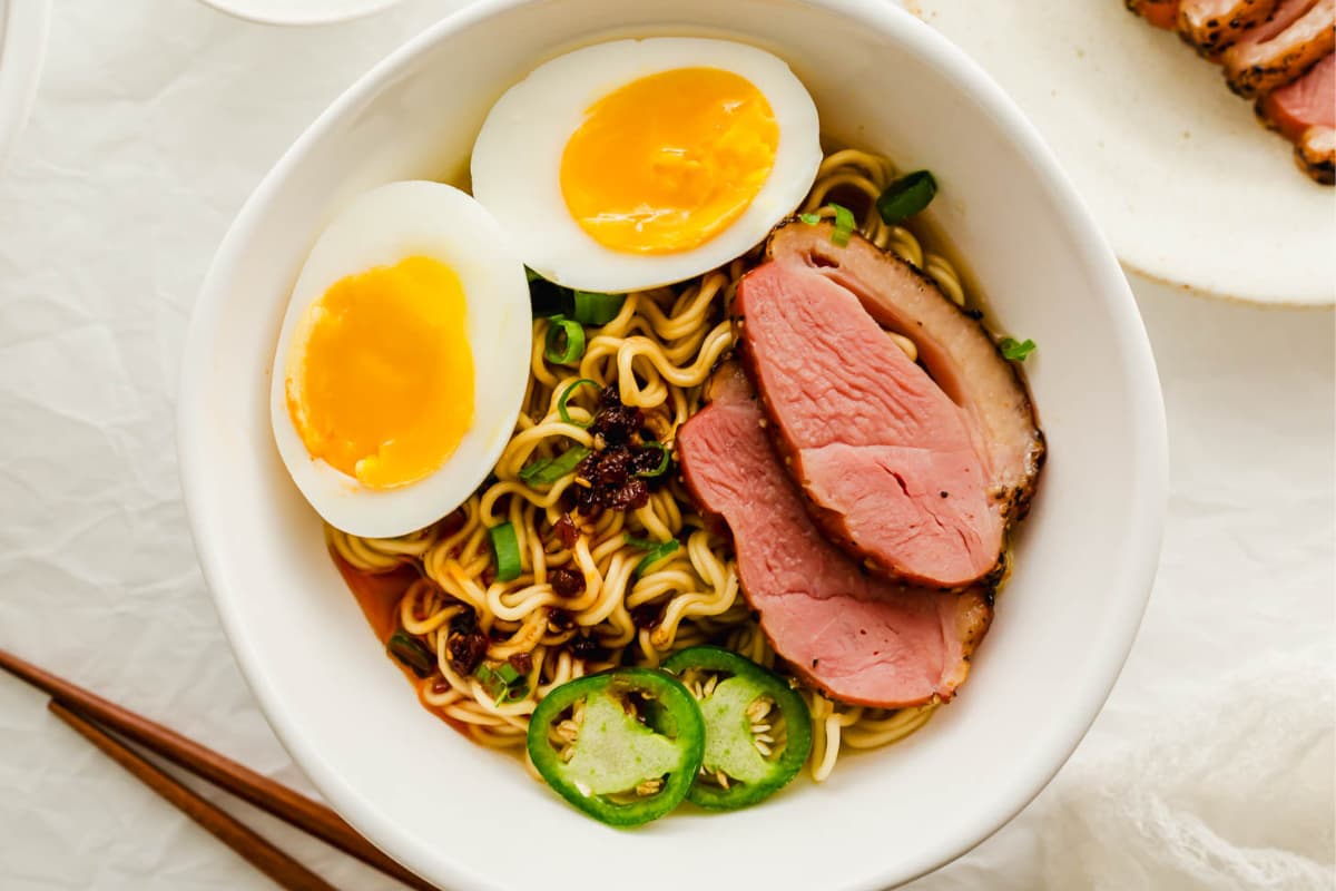 A dish of Smoked Duck Ramen Noodles.