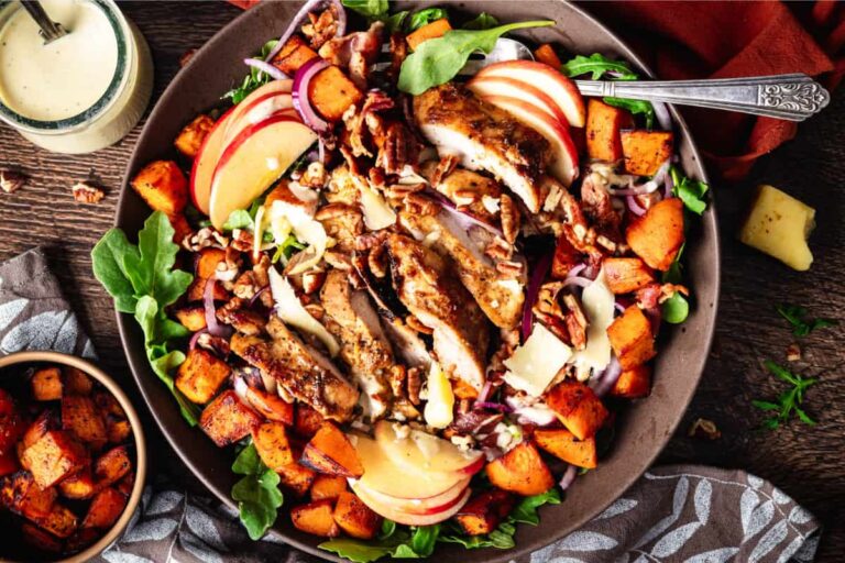 A dish of Apple Butter Chicken and Sweet Potato Salad.