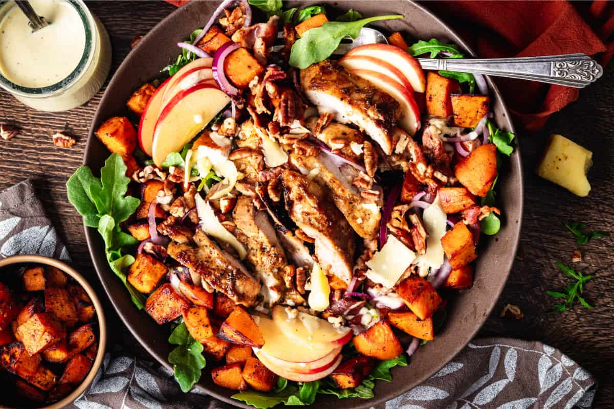 A dish of Apple Butter Chicken and Sweet Potato Salad.