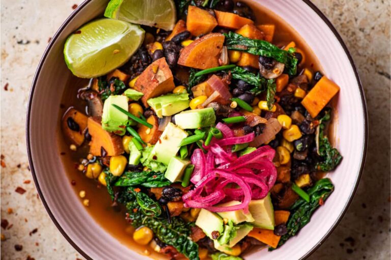 A dish of Black Bean Sweet Potato Chili.