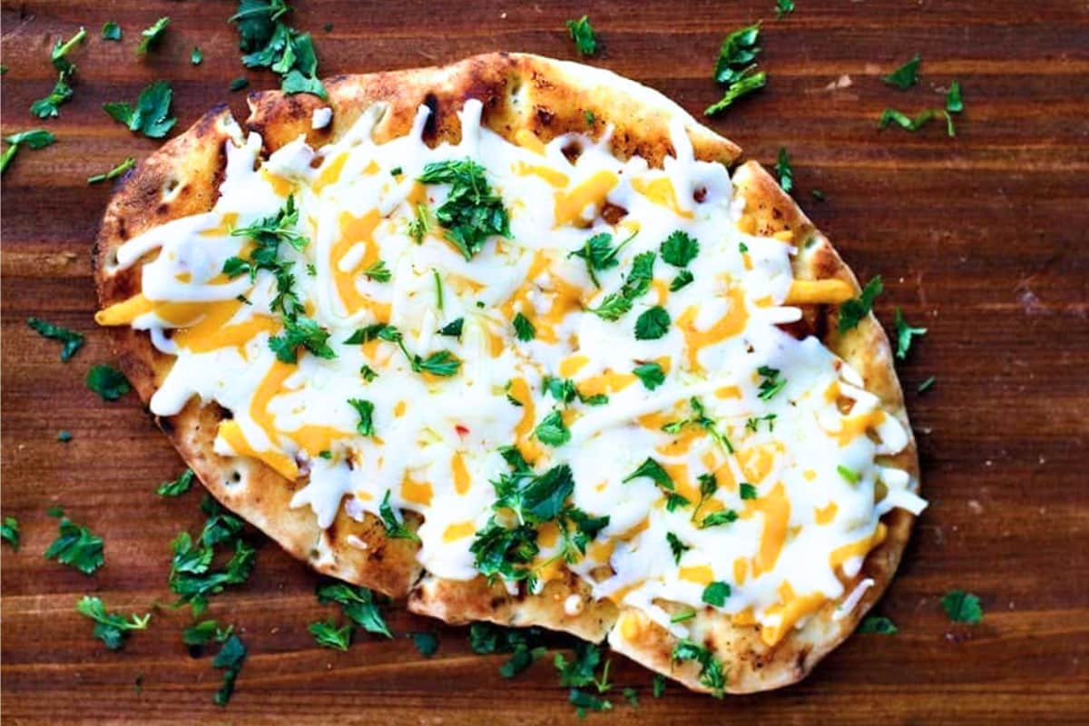 A dish of Tex Mex Cheesy Grilled Naan Bread.