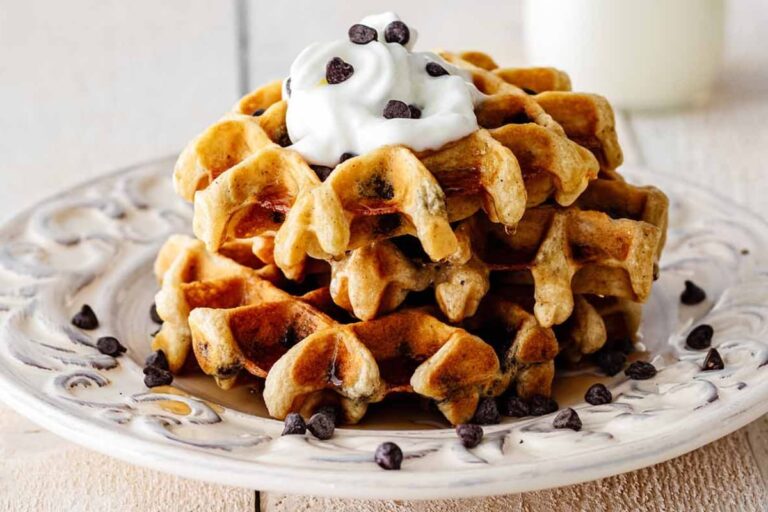 A plate of Chocolate Chip Waffles.