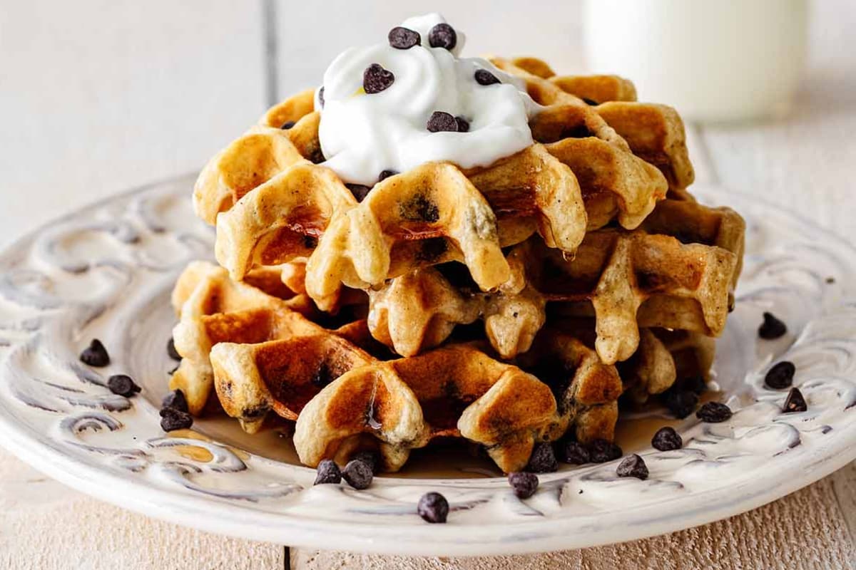 A plate of Chocolate Chip Waffles.