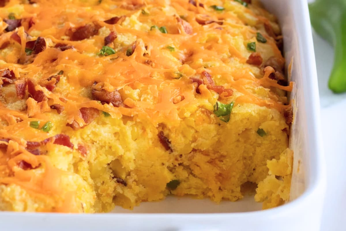 A dish of Cornbread Casserole.