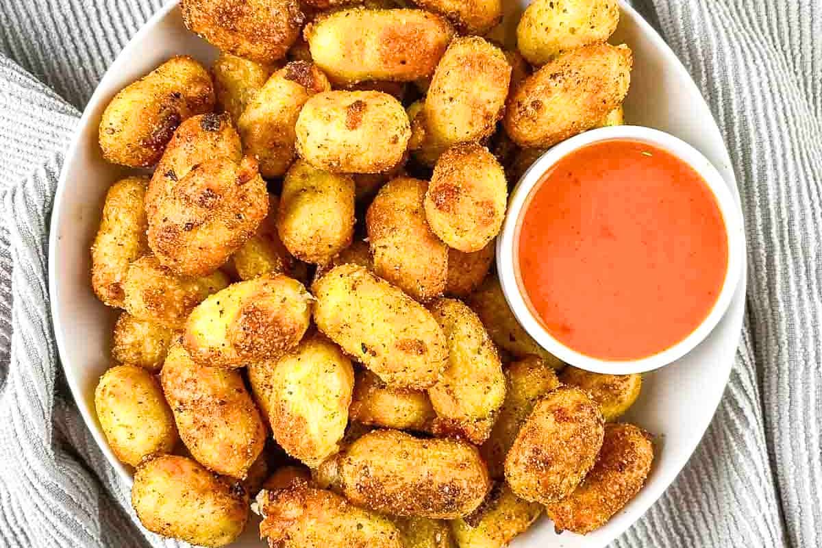 A dish of Crispy Air Fryer Gnocchi.