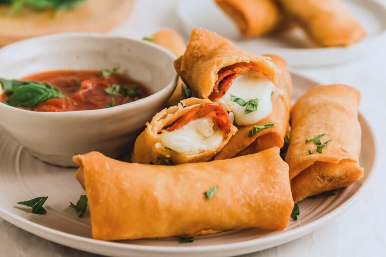 A dish of Pizza Egg Rolls.
