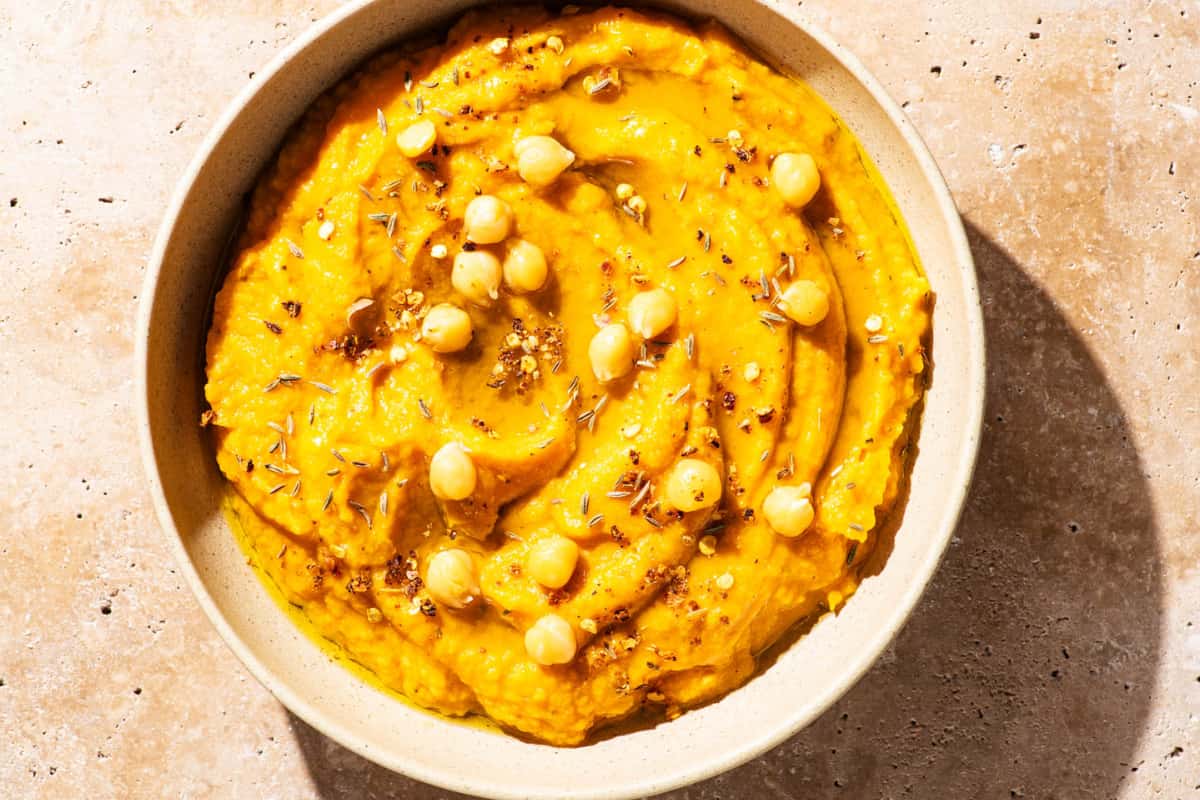A dish of Pumpkin Chickpea Dip.