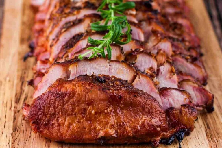 A dish of Pellet Grill Smoked Pork Loin Roast.