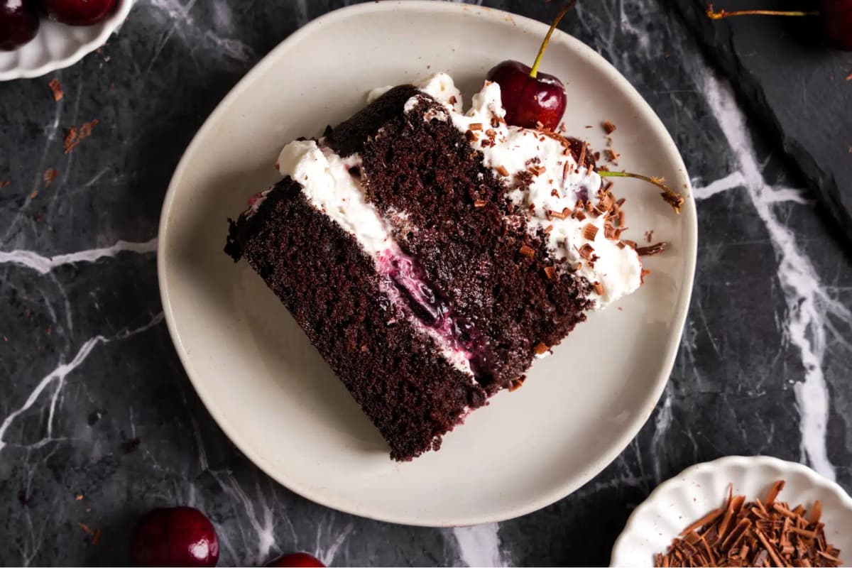 A plate of Healthy Vegan Black Forest Cake.