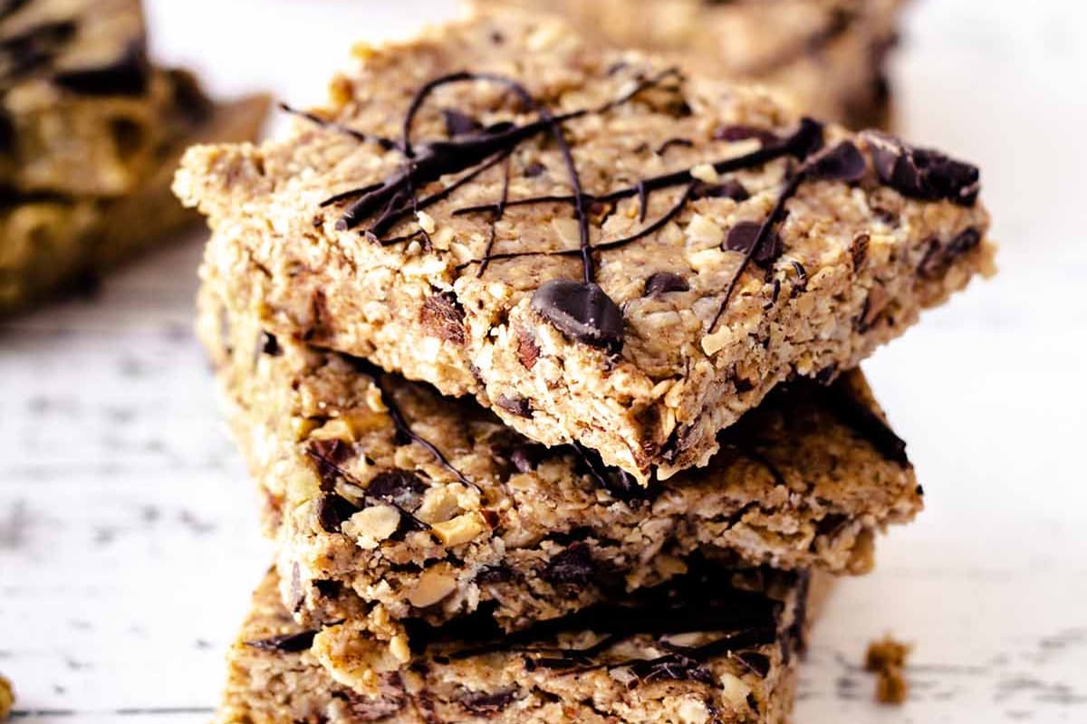 A dish of No Bake Oatmeal Peanut Butter Bars.