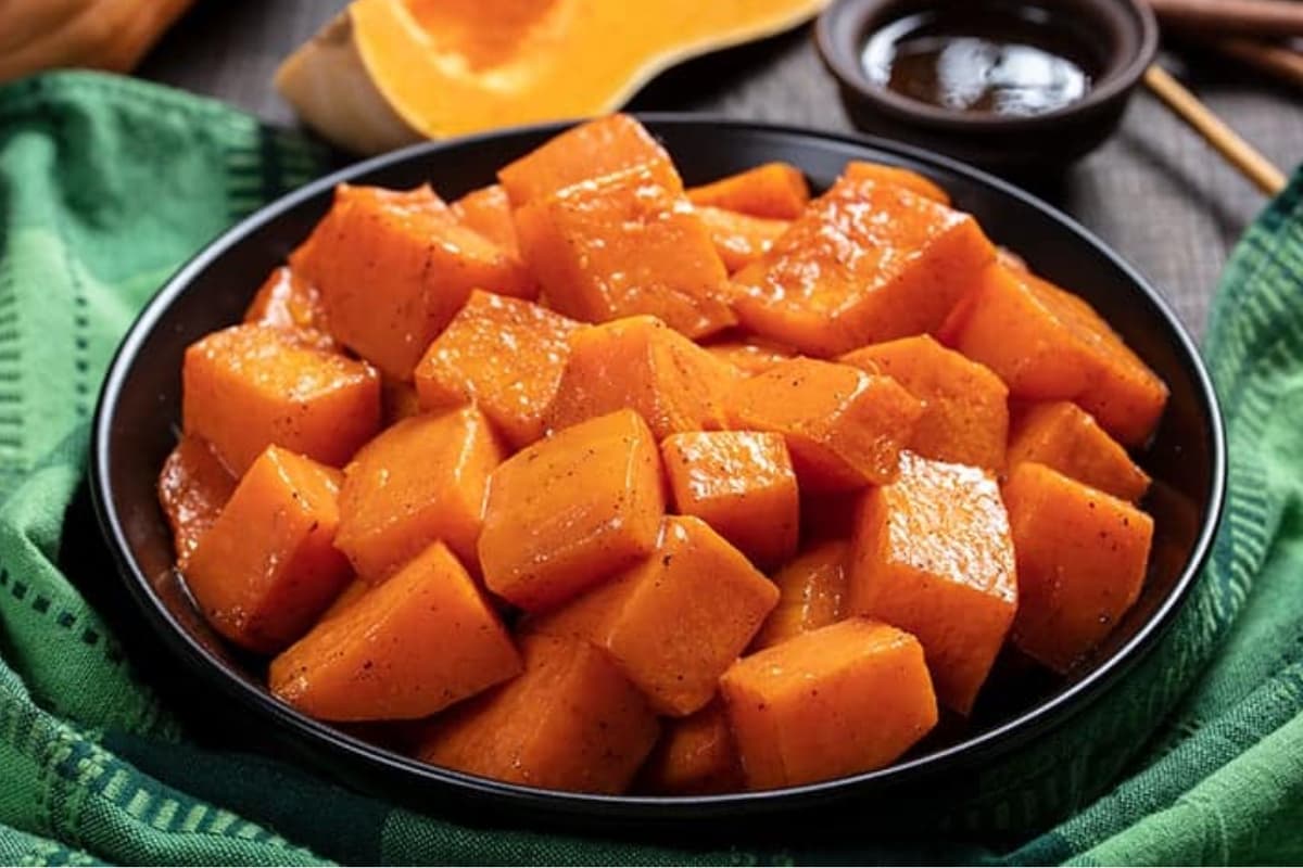 A dish of Honey and Cinnamon Roasted Butternut Squash.