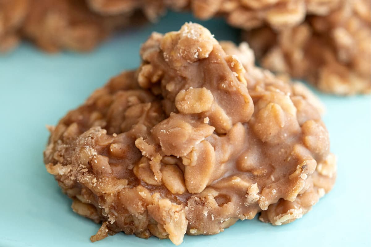 A plate of No-Bake Chocolate Peanut Butter Oatmeal Cookies.