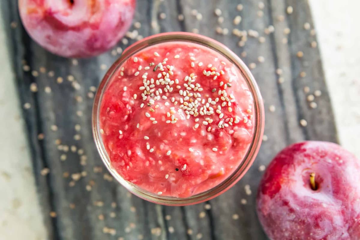 A dish of Healthy Plum Chia Jam without Pectin.