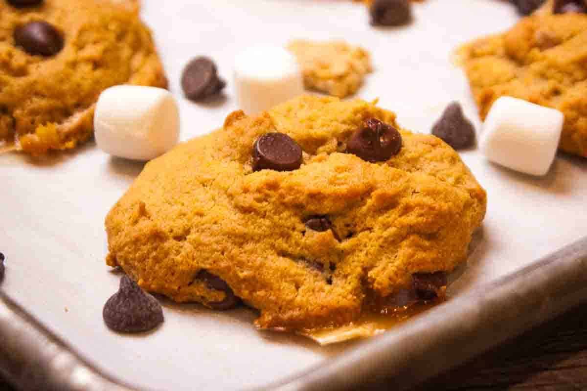 A dish of Pumpkin S'mores Cookies.