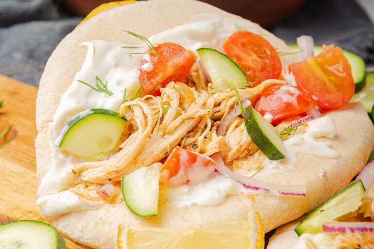 A dish of Slow Cooker Chicken Gyros.