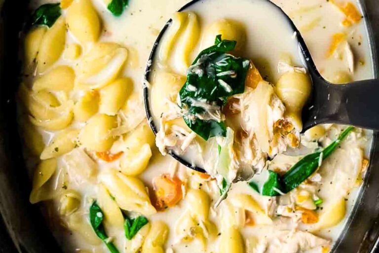 A spoonful of Slow Cooker Creamy Chicken Soup with Pasta.